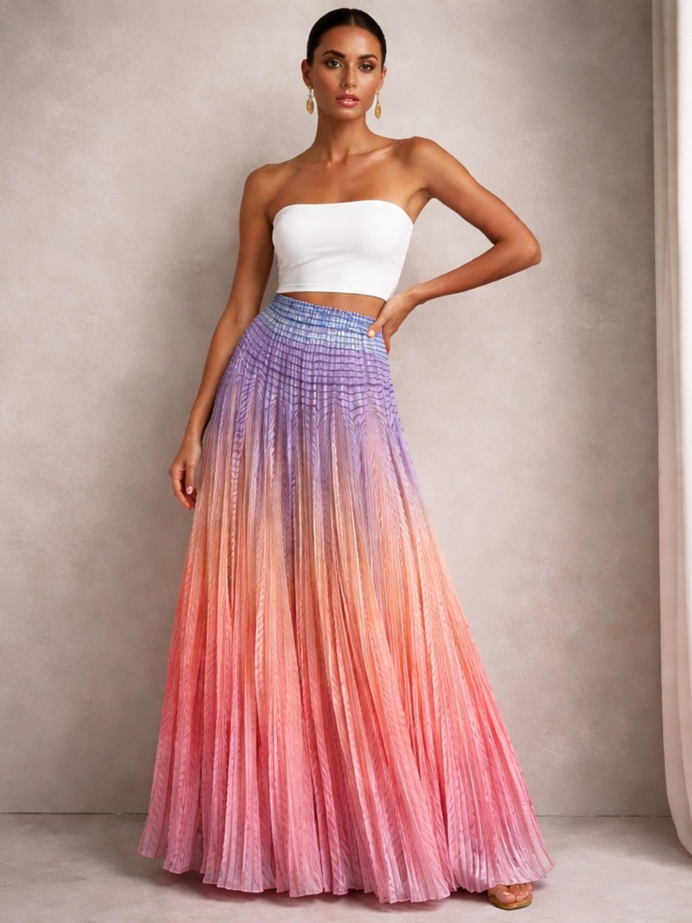 NWT Geisha Designs Purple/Orange/Red Ombre' Pleated Maxi Skirt  Sz 4 Flowy